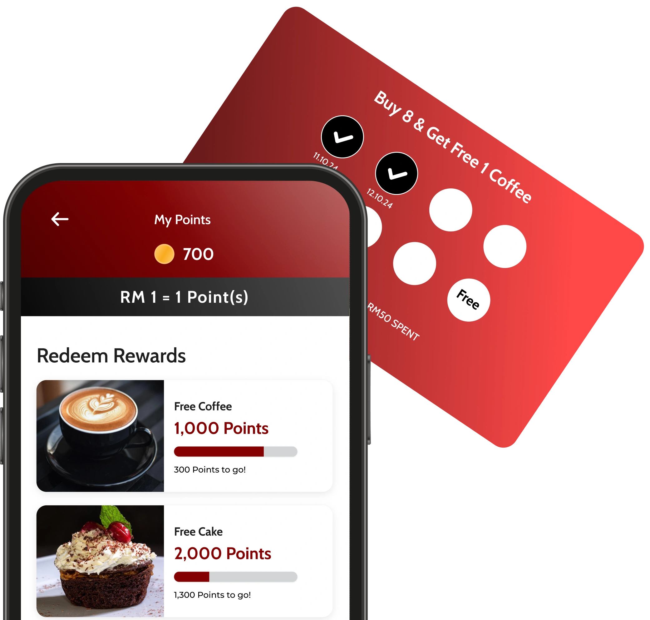 Barista at a cafe counter holding a tablet showing a customer rewards card
